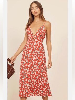 Red Floral Slip Midi Dress with V-Neck